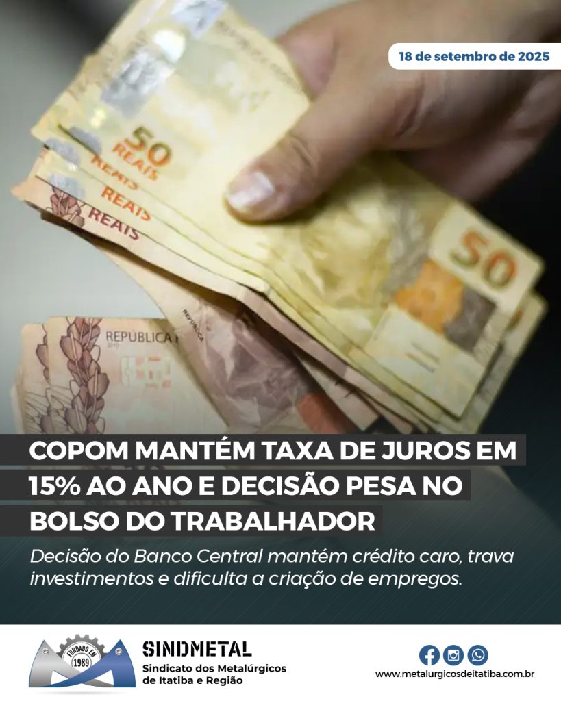 Copom mantém taxa de juros em 15% ao ano e decisão pesa no bolso do trabalhador